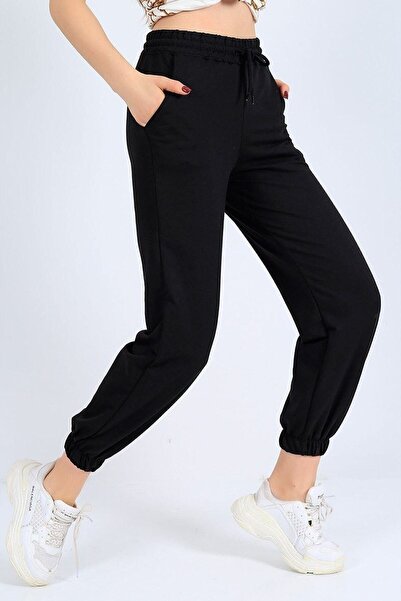 LAND MODA LUNAVISTA Pantaloni de sport Jogger negri pentru femei - Talie elas...