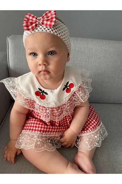 Minizade Red Petite Checkered Cherry Detailed Summer Dress with Headband