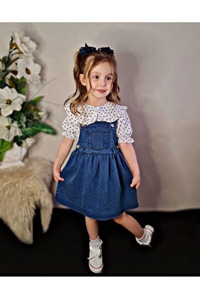 canicho Kız Çocuk Kot Salopet Puantiye Gömlek Kombin