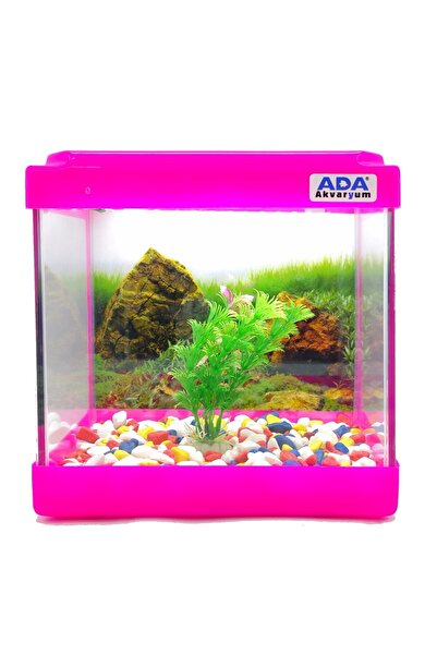 ADA AKVARYUM Mini Akvaryum Pembe 20x20x15 Akvaryum Renkli Çakıl Plastik Bitki...