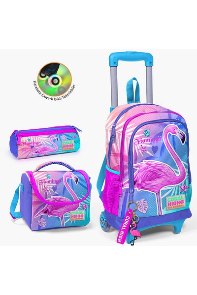 Coral High Pink Flamingo Patterned Floral 3-Piece School Bag Set - SET0123905