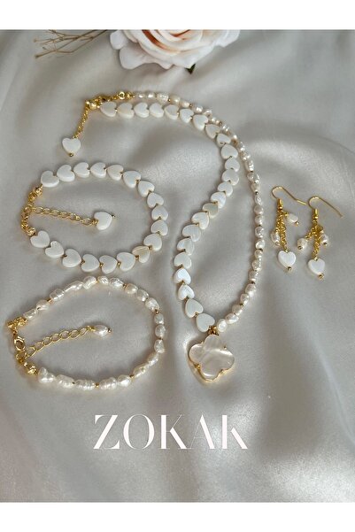 Zokak Sertifikalı Doğal Taş Gerçek Inci Set, Gerçek Sedef Taşı Set, Inci Kolye, Inci Bileklik, Inci Küpe