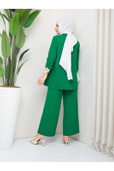 Swana Women's 2-Piece Linen Set with Tie Waist Jacket and Trousers - Emerald