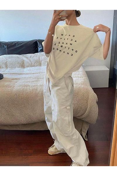 AFROGİYİM Γυναικείο μπλουζάκι Oversize με στάμπα Calm Active Wake