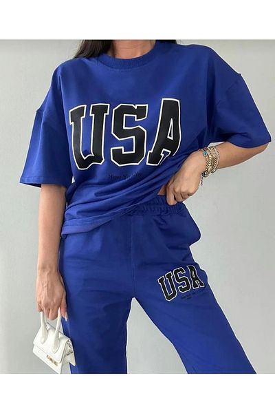 SKYLİGHT USA T-shirt and Jogger Sweatpants - Blue Printed Oversize Crew Neck Set