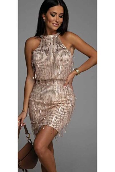 hilaltrendd Hilaltrend halter yaka saçaklı pulpayet mini elbise