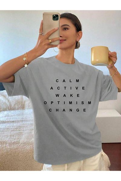 AFROGİYİM Γυναικείο μπλουζάκι Oversize με στάμπα Calm Active Wake