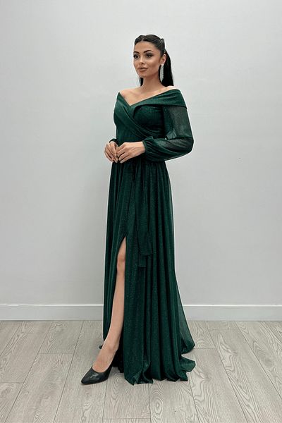 giyimmasalı Glittery Tulle Dress - Lace-up and Sleeve Belted, EMERAL GREEN