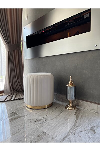 HOLM EV DESİGN Lüks Modern Baby Face Kumaşlı Gold Detaylı Yuvarlak Silinebilir Çizgili Puf