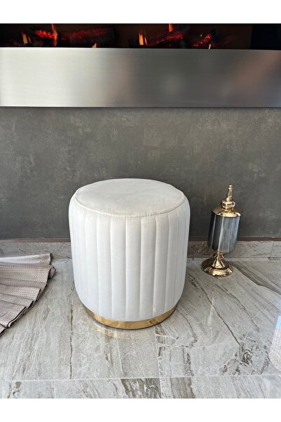 HOLM EV DESİGN Lüks Modern Baby Face Kumaşlı Gold Detaylı Yuvarlak Silinebilir Çizgili Puf