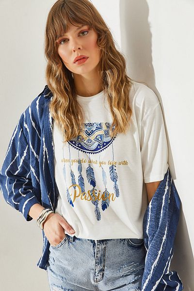 Bianco Lucci Ethnic Patterned Women's Combed Cotton T-Shirt -60251209