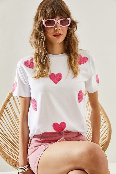 Bianco Lucci Süzene Herz besticktes Basic-T-Shirt für Damen -60251208
