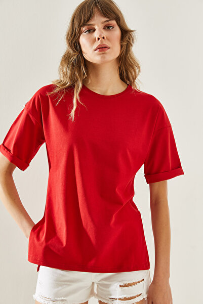 Bianco Lucci Crew Neck Women's T-Shirt with Slit Sleeve Detail - Short Sleeve Basic Model60251203