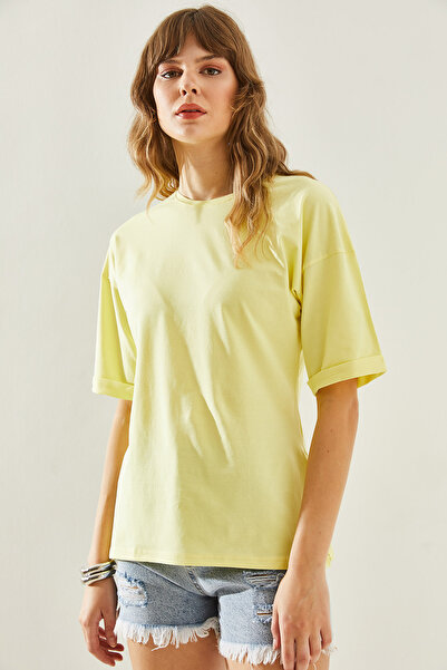 Bianco Lucci Crew Neck Women's T-Shirt with Slit Sleeve Detail - Short Sleeve Basic Model60251203