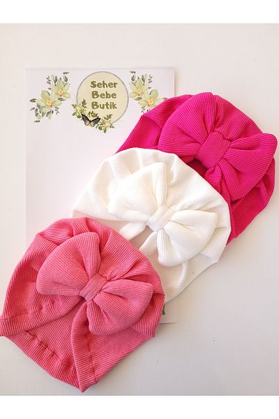 SeherBebeButik Baby Girl and Children's Bonnet with Colorful Bow - Set of 3