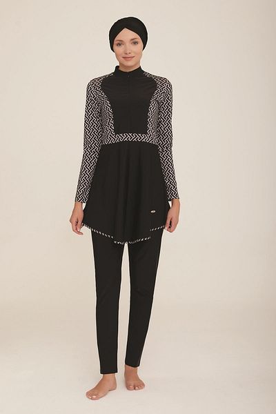 ZF BUTİK Costum de baie ZF negru cu dungi albe - Hijab complet acoperit cu Lycra, fermoar