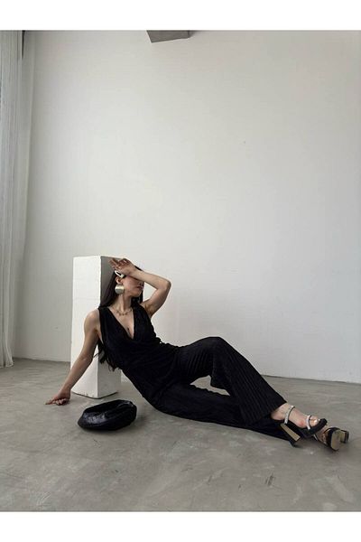 ÇEÇİM Double Breasted Cut and Belted Degaje Collar Pleated Jumpsuit - ZYN-58668