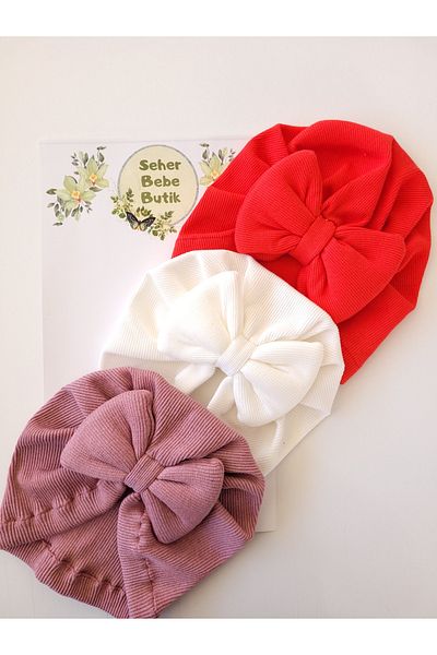 SeherBebeButik Colorful Bow Baby Girl and Children's Bonnet Set of 3