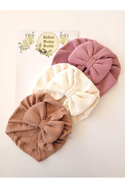 SeherBebeButik Baby Girl and Children's Bonnet with Colorful Bow - Set of 3