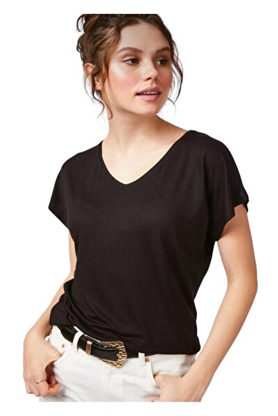 YÜKSEL IŞIK Γυναικείο μπλουζάκι με λαιμόκοψη σε σχήμα V Basic Μαύρο Χρώμα