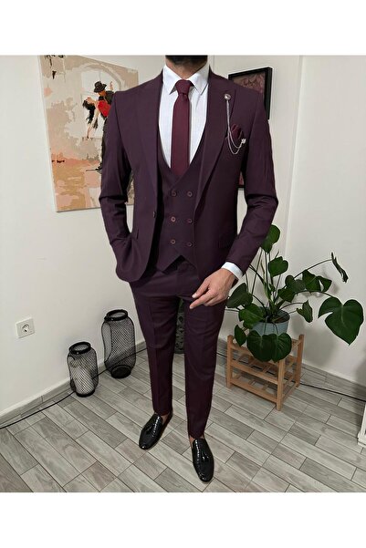 MISTER MR.PAPYON FASHION Erkek Yelekli Dar Kesim Takım Elbise 54 Beden Bordo