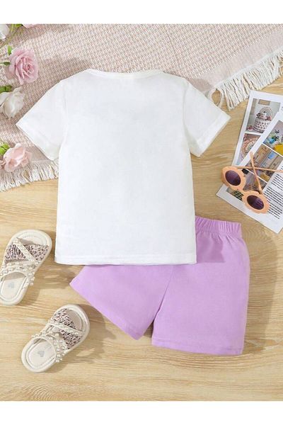 LOUİSA Lilac Butterfly Printed Girls' Shorts and T-shirt Set
