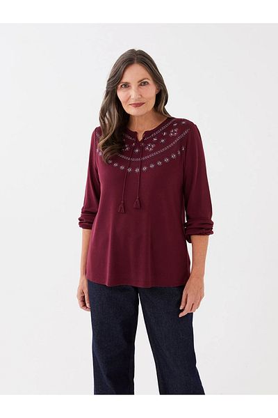 LC Waikiki LCW Grace - Embroidery Detailed Tied Collar Long Sleeve Women's T-Shirt