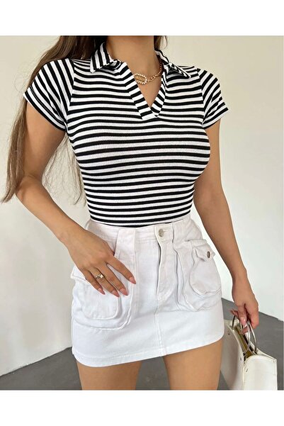 Nisa Luxury Boutique Kadın Polo Yaka Çizgili Kaşkorse Crop Bluz