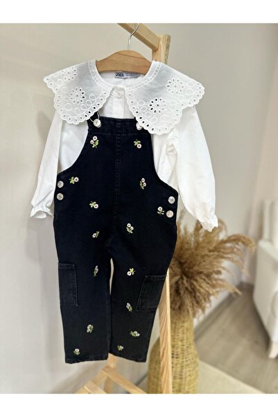 pırıltı kids Kız Çocuk Çiçekli Kot Salopet