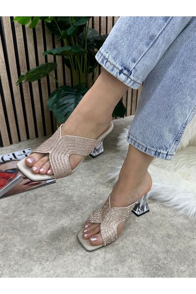 Nstil Daily Women's Slippers Beige Matte Stone Blunt Toe Thick Transparent Heeled Comfortable Sole Lightweight Summer 84