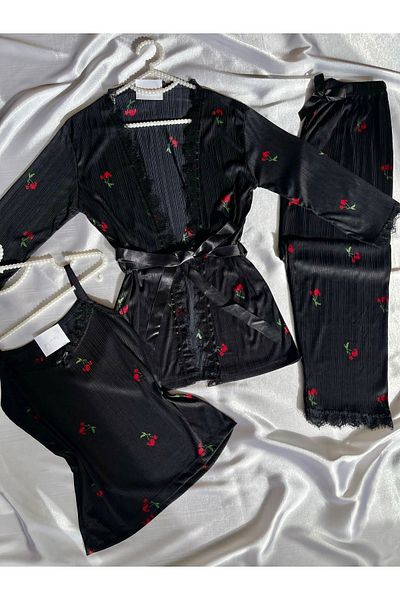 Pijamacs Set pijama Pegasus cu model cireșe negre cu halat