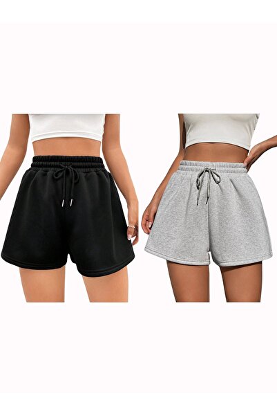 RABTEKS Kadın 2'li Siyah-gri Penye Şort