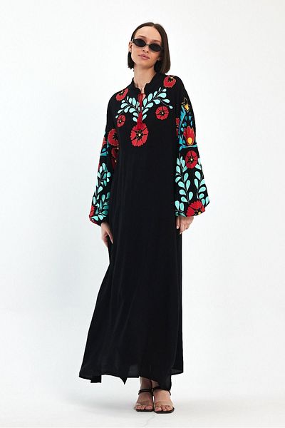 AYASOFYA OTANTIK Rochie lungă cu mânecă lungă, cu mânecă lungă, cu detaliu de broderie cu flori, cu gât negru, cu glezne elastice