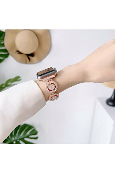Bushco Store Apple Watch Uyumlu Yuvarlak Luxury Taşlı Çelik Kordon 42-44-45-49mm