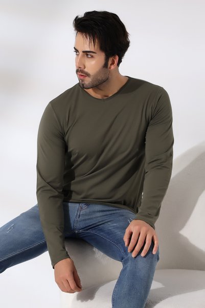 RUN RUN Compact Jersey Lycra Regular Fit Long Sleeve Wrinkled V-neck T-shirt 19698 Khaki