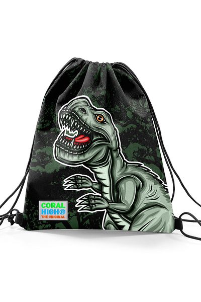 Coral High Kids Dark Green Black Dinosaur Patterned Drawstring Drawstring Backpack 22475
