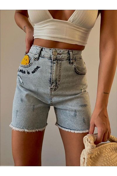 CeyssDesign Smiling Face Emoji Lycra Pantaloni scurți din denim cu talie înaltă