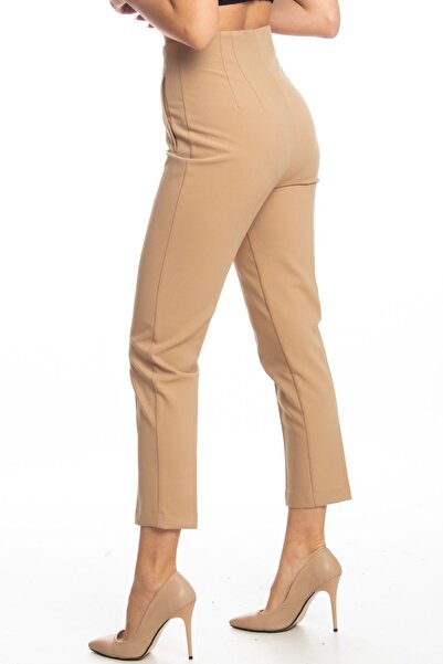ZARAZA Women's Beige High Waist Cuffed Pants