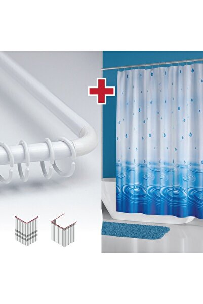 Tropikhome Su Desen Mavi Banyo Perdesi Askı Hediyeli 180x200cm Tek Kanat Duş Perdesi, L Boru Hediyeli