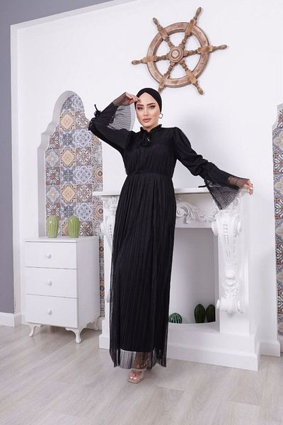 PİNK FLY Embroidery Scallop Fabric Lace Detailed Long Length Lined Women's Hijab Dress