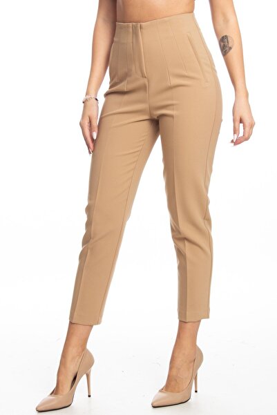 ZARAZA Women's Beige High Waist Cuffed Pants