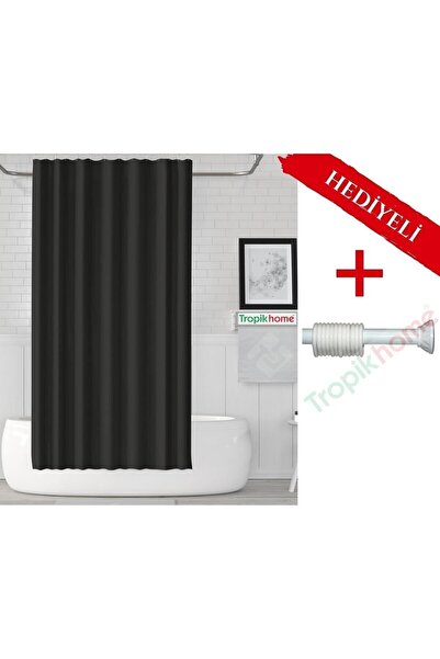 Tropikhome Siyah Banyo Perdesi Askı Hediyeli 180x200cm Tek Kanat Duş Perdesi, Renkli Banyo Duş Perdesi