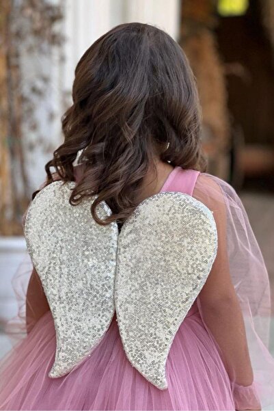 ABİYEKİDS Ροζ παιδικό βραδινό φόρεμα με φτερά αγγέλου Φόρεμα γενεθλίων 23 Απριλίου ABY895