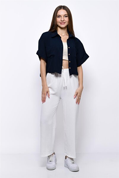 Nuseel Aerobin Crop Shirt Elastic Waist Trousers 2 Piece Set White