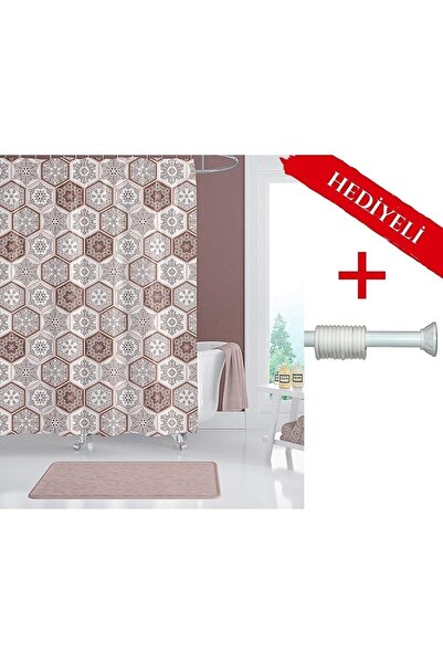 Tropikhome Kahverengi Banyo Perdesi Askı Hediyeli 180x200cm Tek Kanat Duş Per...