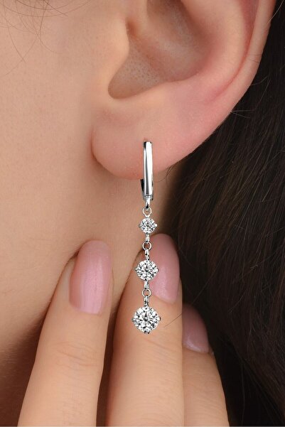 jelux silver 925 Ayar Gümüş Rodyumlu Zirkon Taşlı Tria Model Halka Küpe