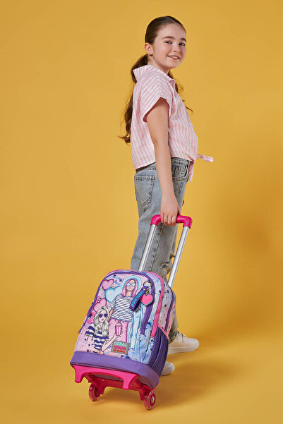 Coral High Rucsac de școală cu model roz mov cu racletă - trei compartimente 23955