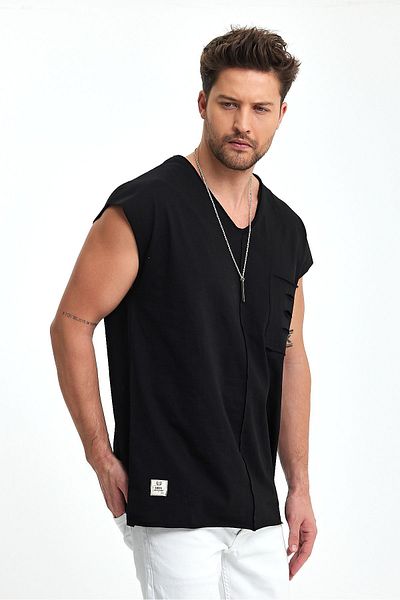 BABBOSS 2-Piece Oversize V-Neck Undershirt with Low Shoulder Pocket Detail