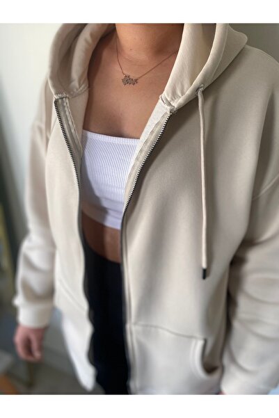 BEES Butikk 3 Iplik Şardonlu Fermuarlı Sweatshirt Bej