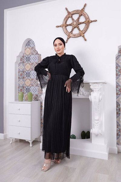 PİNK FLY Embroidery Scallop Fabric Lace Detailed Long Length Lined Women's Hijab Dress